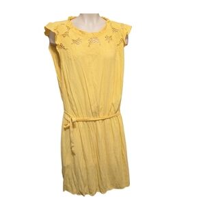 LOFT PLUS‎ Floral Eyelet Yoke Flowy Yellow Belted Dress With Pockets Size 22